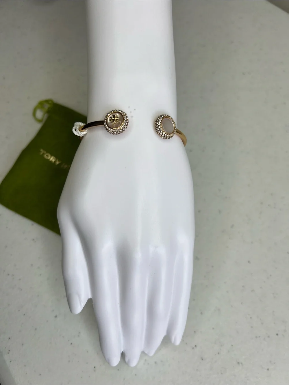 Tory Burch Gold-Tone Open Bracelet with Mother-of-Pearl and Crystal Halo